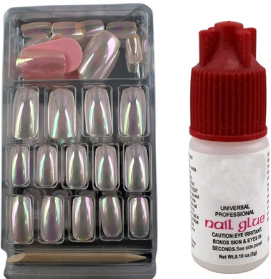 

Ear Lobe & Accessories Mirror Finish Glossy Full Cover 24 Nails With Glue(Ivory) Pink(Pack of 24)