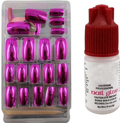 

Ear Lobe & Accessories Mirror Finish Glossy Full Cover 24 Nails With Glue(Dark Pink) dark pink(Pack of 24)