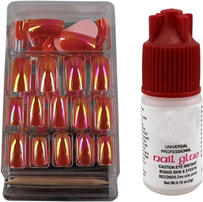 

Ear Lobe & Accessories Mirror Finish Glossy Full Cover 24 Nails With Glue(orange) Orange(Pack of 24)