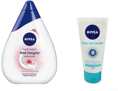

Nivea Milk Delights Caring Rosewater For Sensitive Skin Face Wash (100 ml) & Total Face Cleanup (50 ml)(Set of 2)