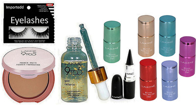 

importedd eyelashes, serum,primer matte powder foundation,stick kajal,mirror nail paint pack of6(Set of 10)