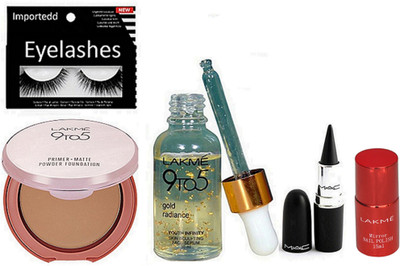 

importedd eyelashes, serum,primer matte powder foundation,stick kajal,mirror nail paint(Set of 5)