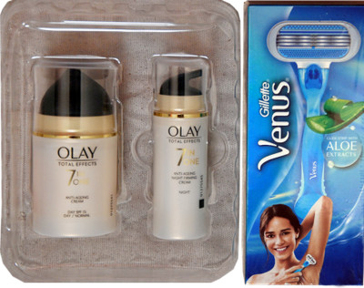 

Olay Total Effects 7 in One Anti-Ageing Cream Day SPF 15 50g + Total Effects 7 in One Anti-Ageing Night firming Cream 20g +Gillette Venus Hair Removal Razor for Women(Set of 3)