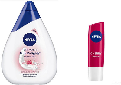 

Nivea Milk Delights Caring Rosewater For Sensitive Skin Face Wash (100 ml) & Cherry Lipbalm(Set of 2)