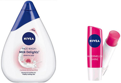 

Nivea Milk Delights Caring Rosewater For Sensitive Skin Face Wash (100 ml) & Watermelon Lipbalm(Set of 2)