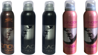 

LONDON 1 BROWN , 2 BLACK AND 2 PINK ( PACK OF 5) Deodorant Spray - For Men & Women(200 ml, Pack of 5)