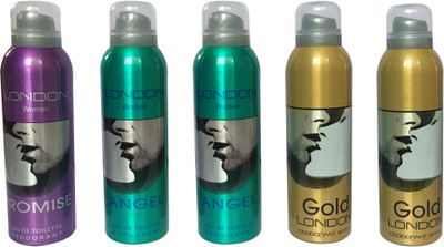 

LONDON 1 PROMISE,2 ANGEL AND 2 GOLD ( PACK OF 5) Deodorant Spray - For Men & Women(200 ml, Pack of 5)