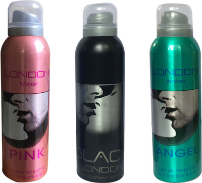 

LONDON BLACK , ANGEL , PINK ( PACK OF 3) Deodorant Spray - For Men & Women(200 ml, Pack of 3)
