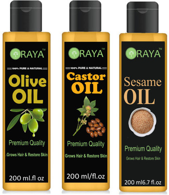 

ORAYA Cold Pressed Castor oil, Extra light Olive oil and Sesame oil Combo pack of 3 bottle of 200 ml(600 ml) Hair Oil (600 ml) Hair Oil(600 ml)
