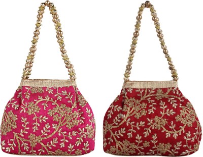 KUBER INDUSTRIES 2 Pieces Embroidered Woman Potli Bag (Pink & Maroon)-CTKTC4080 Cosmetic Bag(Pack of 2)