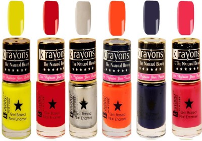 

KRAYONS Gel Base Glossy Effect Nail Polish (DEEP BLUE,SILVER GREY,NEON ORANGE,SIGNAL RED,TWILIGHT PINK,NEON YELLOW) Deep Blue, Silver Grey, Neon Orange, Signal Red, Twilight Pink, Neon Yellow(Pack of 6)