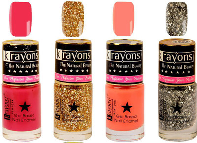 

KRAYONS Gel Base Glossy Effect Nail Polish Enamel Color Combo of 4 Trendy (TWILIGHT PINK,SHIMMER SILVER,SHIMMER GOLDEN,CORAL PEACH) Twilight Pink, Shimmer Silver, Shimmer Golden, Coral Peach(Pack of 4)