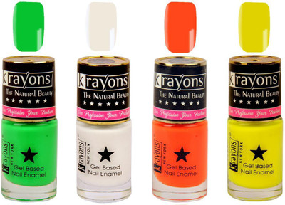 

KRAYONS Gel Base Glossy Effect Nail Polish Enamel Color Combo of 4 Trendy Shades(WHITE CANVAS,NEON YELLOW,NEON GREEN,NEON ORANGE) White Canvas, Neon Yellow, Neon Green, Neon Orange(Pack of 4)