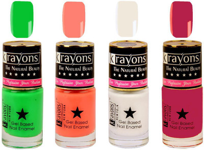 

KRAYONS Gel Base Glossy Effect Nail Polish Enamel Color Combo of 4 Trendy Shades(SCARLET RED,WHITE CANVAS,NEON GREEN,CORAL PEACH) Scarlet Red, White Canvas, Neon Green, Coral Peach(Pack of 4)