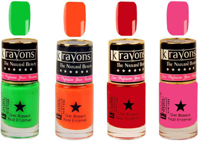 

KRAYONS Gel Base Glossy Effect Nail Polish Enamel Color Combo of 4 Trendy Shades(SIGNAL RED,NEON GREEN,ANGEL PINK,NEON ORANGE) Signal Red, Neon Green, Angel Pink, Neon Orange(Pack of 4)