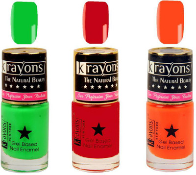

KRAYONS Gel Base Glossy Effect Nail Polish Enamel Color Combo of 3 Trendy Shades(SIGNAL RED,NEON GREEN,NEON ORANGE) Signal Red, Neon Green, Neon Orange(Pack of 3)