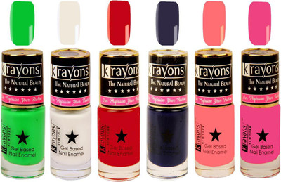 

KRAYONS Gel Base Glossy Effect Nail Polish (DEEP BLUE,SIGNAL RED,WHITE CANVAS,NEON GREEN,ANGEL PINK,SUNSET ORANGE) Deep Blue, Signal Red, White Canvas, Neon Green, Angel Pink, Sunset Orange(Pack of 6)