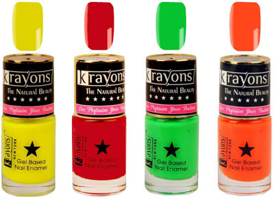 

KRAYONS Gel Base Glossy Effect Nail Polish Enamel Color Combo of 4 Trendy Shades(SIGNAL RED,NEON YELLOW,NEON GREEN,NEON ORANGE) Signal Red, Neon Yellow, Neon Green, Neon Orange(Pack of 4)
