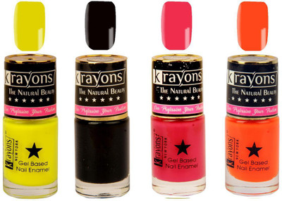 

KRAYONS Gel Base Glossy Effect Nail Polish Enamel Color Combo of 4 Trendy Shades(BLACK SEA,NEON YELLOW,NEON ORANGE,TWILIGHT PINK) Black Sea, Neon Yellow, Neon Orange, Twilight Pink(Pack of 4)