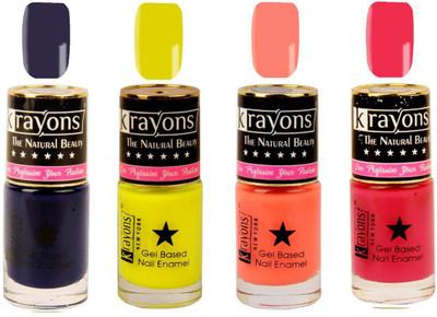 

KRAYONS Gel Base Glossy Effect Nail Polish Enamel Color Combo of 4 Trendy Shades(CORAL PEACH,DEEP BLUE,NEON YELLOW,TWILIGHT PINK) Coral Peach, Deep Blue, Neon Yellow, Twilight Pink(Pack of 4)