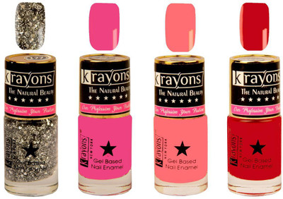 

KRAYONS Gel Base Glossy Effect Nail Polish Enamel Color Combo of 4 Trendy Shades(SHIMMER SILVER,SUNSET )ORANGE,SIGNAL RED,ANGEL PINK) Shimmer Silver, Sunset Orange, Signal Red, Angel Pink(Pack of 4)
