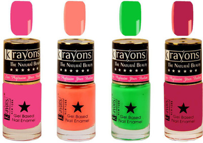 

KRAYONS Gel Base Glossy Effect Nail Polish Enamel Color Combo of 4 Trendy Shades(ANGEL PINK,NEON GREEN,CORAL PEACH,SCARLET RED) Angel Pink, Neon Green, Coral Peach, Scarlet Red(Pack of 4)