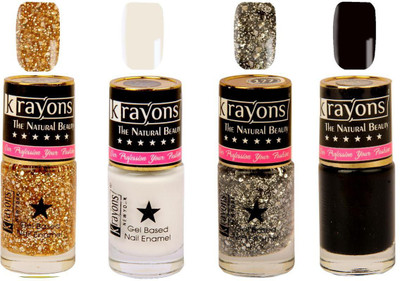 

KRAYONS Gel Base Glossy Effect Nail Polish Enamel Color Combo of 4 Trendy Shades(BLACK SEA,WHITE CANVAS,SHIMMER GOLDEN,SHIMMER SILVER) Black Sea, White Canvas, Shimmer Golden, Shimmer Silver(Pack of 4)