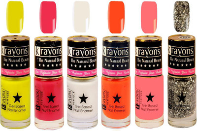 

KRAYONS Gel Base Glossy Effect Nail Polish (WHITE CANVAS,TWILIGHT PINK,NEON YELLOW,SHIMMER SILVER,SUNSET ORANGE,NEON ORANGE) White Canvas, Twilight Pink, Neon Yellow, Shimmer Silver, Sunset Orange, Neon Orange(Pack of 6)