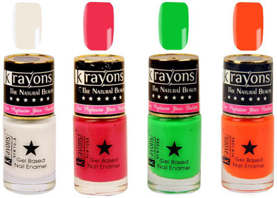 

KRAYONS Gel Base Glossy Effect Nail Polish Enamel Color Combo of 4 Trendy Shades(TWILIGHT PINK,NEON GREEN,WHITE CANVAS,NEON ORANGE) Twilight Pink, Neon Green, White Canvas, Neon Orange(Pack of 4)