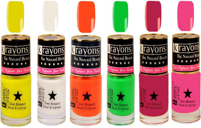 

KRAYONS Gel Base Glossy Effect Nail Polish (WHITE CANVAS,NEON YELLOW,NEON GREEN,ANGEL PINK,NEON ORANGE,SCARLET RED) White Canvas, Neon Yellow, Neon Green, Angel Pink, Neon Orange, Scarlet Red(Pack of 6)