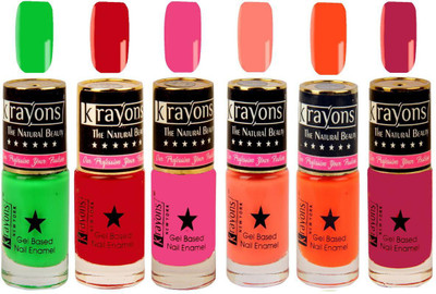 

KRAYONS Gel Base Glossy Effect Nail Polish (NEON GREEN,ANGEL PINK,SCARLET RED,NEON ORANGE,SIGNAL RED,CORAL PEACH) Neon Green, Angel Pink, Scarlet Red, Neon Orange, Signal Red, Coral Peach(Pack of 6)