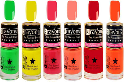

KRAYONS Gel Base Glossy Effect Nail Polish (NEON GREEN,NEON ORANGE,NEON YELLOW,SIGNAL RED,CORAL PEACH,TWILIGHT PINK) Neon Green, Neon Orange, Neon Yellow, Signal Red, Coral Peach, Twilight Pink(Pack of 6)