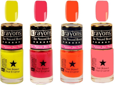 

KRAYONS Gel Base Glossy Effect Nail Polish Enamel Color Combo of 4 Trendy Shades(NEON ORANGE,NEON YELLOW,SUNSET ORANGE,TWILIGHT PINK) Neon Orange, Neon Yellow, Sunset Orange, Twilight Pink(Pack of 4)