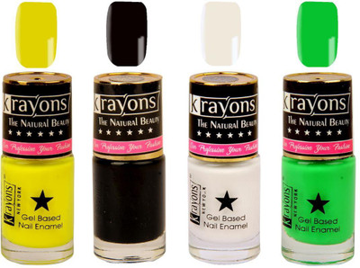 

KRAYONS Gel Base Glossy Effect Nail Polish Enamel Color Combo of 4 Trendy Shades(WHITE CANVAS,BLACK SEA,NEON YELLOW,NEON GREEN) White Canvas, Black Sea, Neon Yellow, Neon Green(Pack of 4)