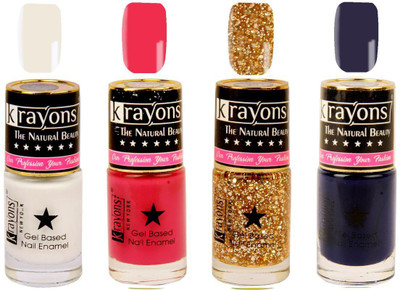 

KRAYONS Gel Base Glossy Effect Nail Polish Enamel Color Combo of 4 Trendy Shades(TWILIGHT PINK,DEEP BLUE,SHIMMER GOLDEN,WHITE CANVAS) Twilight Pink, Deep Blue, Shimmer Golden, White Canvas(Pack of 4)
