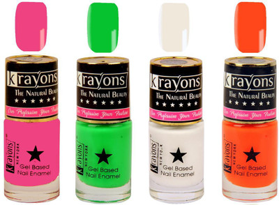 

KRAYONS Gel Base Glossy Effect Nail Polish Enamel Color Combo of 4 Trendy Shades(ANGEL PINK,NEON GREEN,WHITE CANVAS,NEON ORANGE) Angel Pink, Neon Green, White Canvas, Neon Orange(Pack of 4)