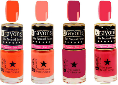 

KRAYONS Gel Base Glossy Effect Nail Polish Enamel Color Combo of 4 Trendy Shades(NEON ORANGE,TWILIGHT PINK,SCARLET RED,CORAL PEACH) Neon Orange, Twilight Pink, Scarlet Red, Coral Peach(Pack of 4)