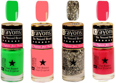 

KRAYONS Gel Base Glossy Effect Nail Polish Enamel Color Combo of 4 Trendy Shades(SHIMMER SILVER,SUNSET ORANGE,NEON GREEN,TWILIGHT PINK) Shimmer Silver, Sunset Orange, Neon Green, Twilight Pink(Pack of 4)