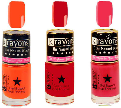 

KRAYONS Gel Base Glossy Effect Nail Polish Enamel Color Combo of 3 Trendy Shades(TWILIGHT PINK,NEON ORANGE,SIGNAL RED) Twilight Pink, Neon Orange, Signal Red(Pack of 3)