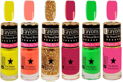 

KRAYONS Gel Base Glossy Effect Nail Polish (NEON GREEN,ANGEL PINK,SCARLET RED,SHIMMER GOLDEN,CORAL PEACH,NEON YELLOW) Neon Green, Angel Pink, Scarlet Red, Shimmer Golden, Coral Peach, Neon Yellow(Pack of 6)