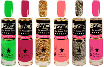 

KRAYONS Gel Base Glossy Effect Nail Polish(ANGEL PINK,SHIMMER SILVER,SCARLET RED,SUNSET ORANGE,SHIMMER GOLDEN,NEON GREEN) Angel Pink, Shimmer Silver, Scarlet Red, Sunset Orange, Shimmer Golden, Neon Green(Pack of 6)