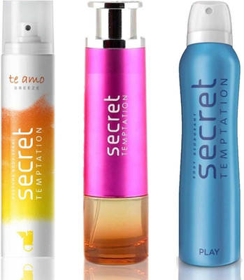 

Secret Temptation Bohemia Day Edp (100 ml), Te Amo Breeze Perfume Body Spray For Women (120 ml) and Play Deodorant For Women (150 ml) Perfume - 370 ml(For Men & Women)