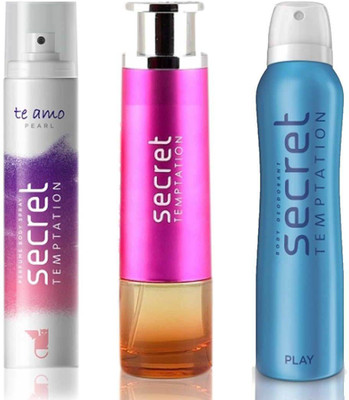 

Secret Temptation Bohemia Day Edp (100 ml), Te Amo Pearl Perfume Body Spray For Women (120 ml) and Play Deodorant For Women (150 ml) Perfume - 370 ml(For Men & Women)