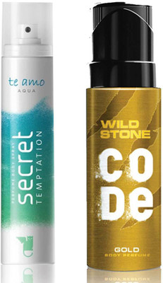 

Secret Temptation Te Amo Aqua Perfume Body Spray For Women and Wild Stone Code Gold Perfume Body Spray (120 ml each) Pack of 2 Perfume - 240 ml(For Men & Women)