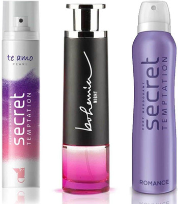 

Secret Temptation Bohemia Night Edp (100 ml), Te Amo Pearl Perfume Body Spray For Women (120 ml) and Romance Deodorant For Women (150 ml) Perfume - 370 ml(For Men & Women)