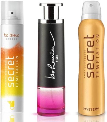 

Secret Temptation Bohemia Night Edp (100 ml), Te Amo Breeze Perfume Body Spray For Women (120 ml) and Mystery Deodorant For Women (150 ml) Perfume - 370 ml(For Men & Women)