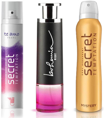 Secret Temptation Bohemia Night Edp (100 ml), Te Amo Pearl Perfume Body Spray For Women (120 ml) and Mystery Deodorant For Women (150 ml) Perfume - 370 ml(For Men & Women)