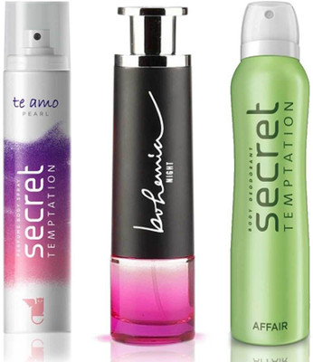 

Secret Temptation Bohemia Night Edp (100 ml), Te Amo Pearl Perfume Body Spray For Women (120 ml) and Affair Deodorant For Women (150 ml) Perfume - 370 ml(For Men & Women)