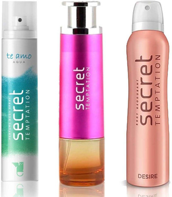 

Secret Temptation Bohemia Day Edp (100 ml), Te Amo Aqua Perfume Body Spray For Women (120 ml) and Desire Deodorant For Women (150 ml) Perfume - 370 ml(For Men & Women)