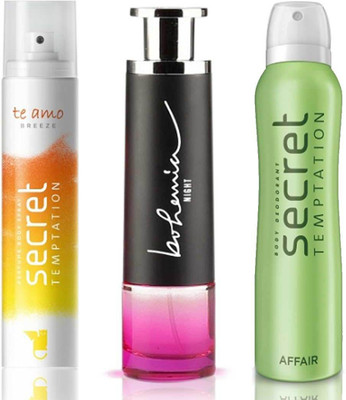 

Secret Temptation Bohemia Night Edp (100 ml), Te Amo Breeze Perfume Body Spray For Women (120 ml) and Affair Deodorant For Women (150 ml) Perfume - 370 ml(For Men & Women)